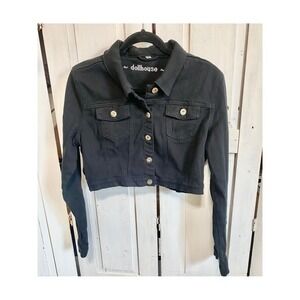 VTG Y2K DOLLHOUSE Cropped Denim Jacket‎ Size L Black Stretch Emo Indie Sleaze